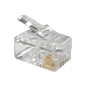 A detailed side profile of the transparent RJ11 4P4C modular plug for solid core cable.