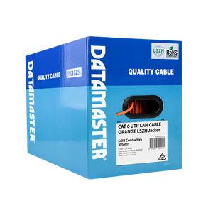 Side view of the Datamaster® Cat6 Reel-in-Box with printed technical specifications and branding.