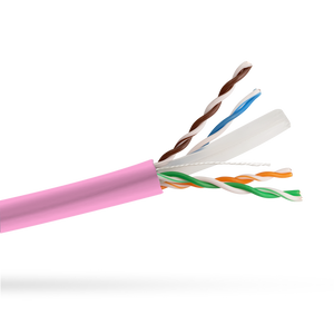 Close-up side view of the Pink Cat6 LSZH cable jacket, showing the internal cables, rip cord, and separator.