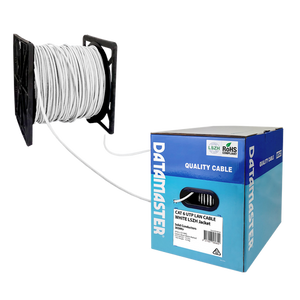 The Datamaster® Reel-in-Box with the White Cat6 solid UTP cable being dispensed smoothly from the packaging.