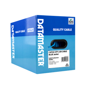 Side view of the Datamaster® Cat5e Reel-in-Box with technical specifications printed on the packaging.