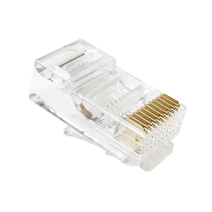 A close-up underside view of the wide 10P10C modular plug, showing all ten gold-plated contacts.