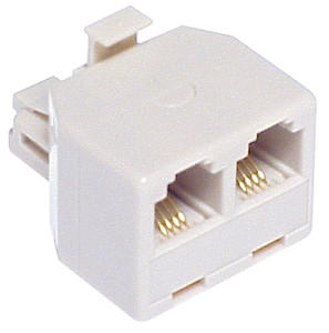 Side angled view of the RJ11 telephone double adaptor, showing the single male plug and two female sockets.