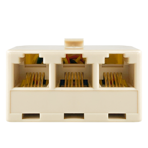 Front view of the RJ11 triple adaptor, clearly showing the three female telephone sockets.