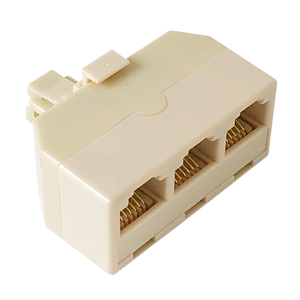 An angled top-down view of the triple adaptor, showing the male plug on the back and the three output sockets.