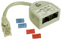 A side view of the Cat5e Voice/Voice Y-Splitter, showing the single RJ45 input plug and the dual RJ45 output sockets.