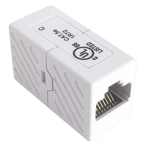 A side view of the compact, white Cat5e RJ45 female-to-female Ethernet cable coupler.