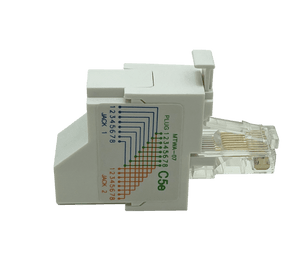 A side view of the white, vertical Cat5e Voice/Voice Y-Splitter, designed for high-density patch panels.