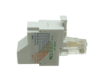 A side view of the white, vertical Cat5e Voice/Voice Y-Splitter, designed for high-density patch panels.
