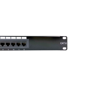 Close-up of a standard 19-inch rack mounting hole on the patch panel.