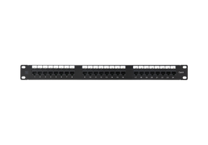 A direct front-on view of the 24-port Cat6 patch panel, showing the numbered RJ45 ports.