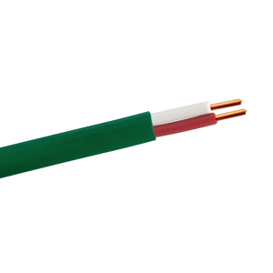 A close-up of the green heavy-duty intercom cable, showing the two internal solid copper conductors with their PE insulation.