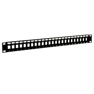 Angled side view of an unloaded keystone patch panel showing its sturdy steel construction and port depth.