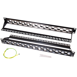 A top-down view of two unloaded keystone patch panels, one showing the front staggered ports and the other showing the rear with the integrated cable support bar.