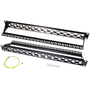 A top-down view of two unloaded keystone patch panels, one showing the front staggered ports and the other showing the rear with the integrated cable support bar.