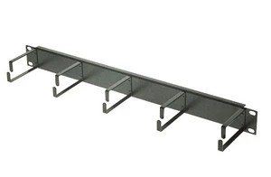 A side profile view of the 1RU cable management panel, showing the mounting screw holes and the cable routing hooks.