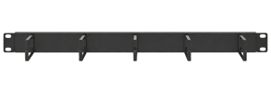 Front view of a black steel 1RU cable management panel with five evenly spaced wire routing loops and oval mounting holes