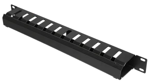 Angled view of the 1RU covered cable management panel, showing the slotted top, enclosed duct design and mounting ears