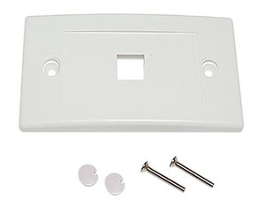 An angled front view of the single-port keystone wall plate, showing the mounting screws and screw covers.