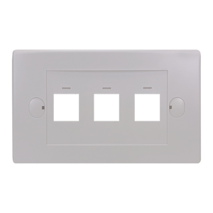 A direct front-on view of the 3-port keystone flush plate, showing the three unloaded keystone cutouts.