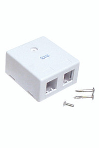 A side profile view of the dual-port white keystone surface mount box, with mounting screws alongside.