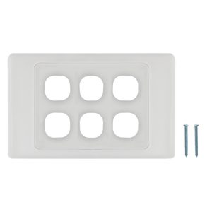 A top-down view of the 6-port Australian flush wall plate, showing the six cutouts and mounting screws.