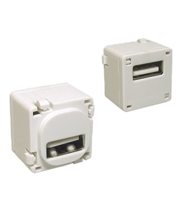 A side view of two white USB-A keystone couplers, showing the female ports on both ends.