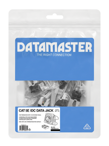 The convenient Datamaster hang-sell bag containing 50 black Cat5e data jacks.