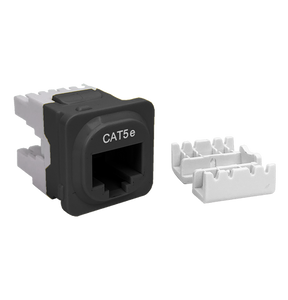 A side profile of the black Cat5e IDC data jack, showing the termination block cover.