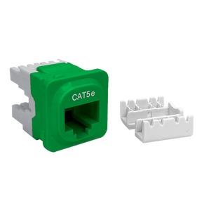 A side profile of the green Cat5e IDC data jack, showing the termination block cover.