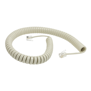 A side view of the 3-metre ash grey coiled telephone handset cord.