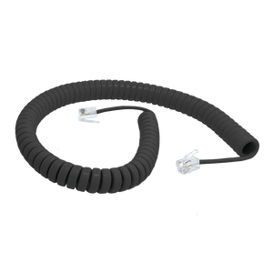 A side view of the 3-metre black-coloured coiled telephone handset cord for Ericsson phones.