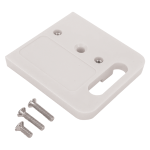 A side profile of the white stacking adaptor with its mounting screws visible.