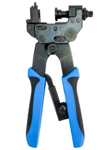 A front-on view of the open heavy-duty compression tool for RG11 coaxial cable.