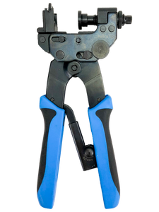 A front-on view of the open heavy-duty compression tool for RG11 coaxial cable.