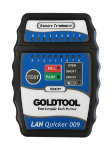 Front view of the LAN cable tester showing LED indicator lights for wiremap testing.