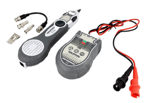 The complete 3-in-1 cable tester kit, showing the tester, probe, battery and adaptor.