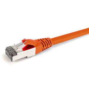 Close-up side view of the shielded RJ45 connector and Orange LSZH jacket on a 4m Datamaster Cat6a S/FTP patch cable.