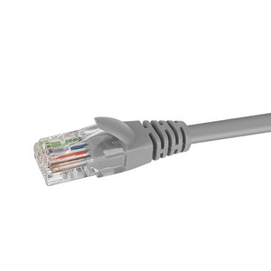 Close-up profile of the RJ45 connector and Ash jacket on a 1m Datamaster Cat6 U/UTP patch cable.