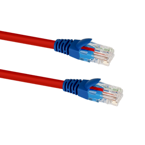 Close-up side profile of the blue snagless boot and red jacket on a 1m Datamaster Cat6 Crossover Cable.