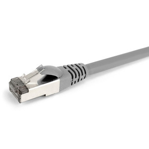 Close-up side view of the shielded RJ45 connector and Ash LSZH jacket on a 0.3m Datamaster Cat6a S/FTP patch cable.