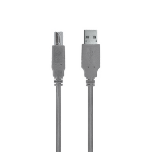 A top-down view of the 1.8-metre ash grey USB cable, showing the standard USB-A and square USB-B connectors.