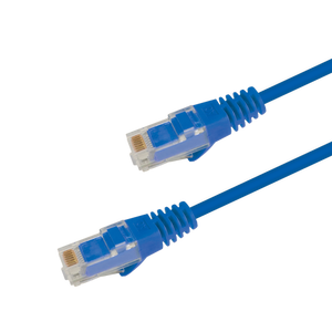 Underside view of the RJ45 connector on the 10m blue slim Cat6 cable, showing the flexible, protected locking tab.