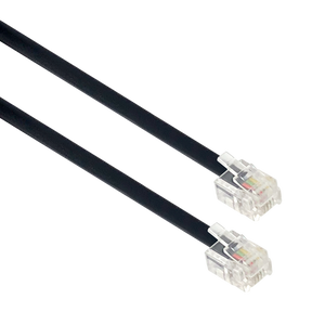 A side angle view of the 2-metre black telephone line cord, showing the RJ11 plugs at each end.