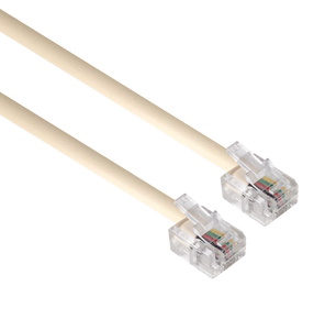 A side angle view of the ultra-short 150mm telephone line cord, showing the RJ11 plugs at each end.