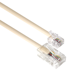 A side angle view of the 3-metre ivory telephone line cord, showing the RJ11 plugs at each end.