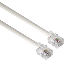 A side angle view of the 2-metre ivory telephone line cord, showing the RJ12 (6P6C) plugs at each end.