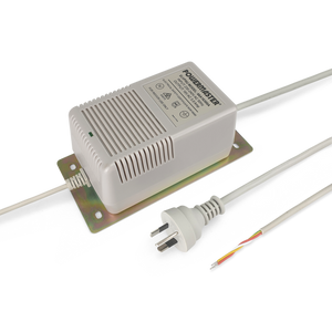 Top side view of the 16V AC 3A in-line power supply securely fixed to its integrated mounting plate, with input and output cords visible.