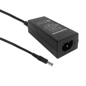 Side view of the 12V 5A DC power supply brick, showing the IEC C14 input inlet and the output cable with its 2.5mm centre-positive DC plug.