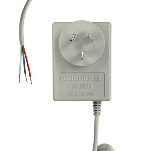 Top front view of the 18V AC transformer with Australian plug and tinned cables visible.